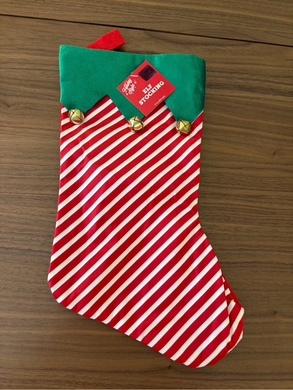 Holiday Style 17” Elf Christmas Stocking Striped with Jingle Bells